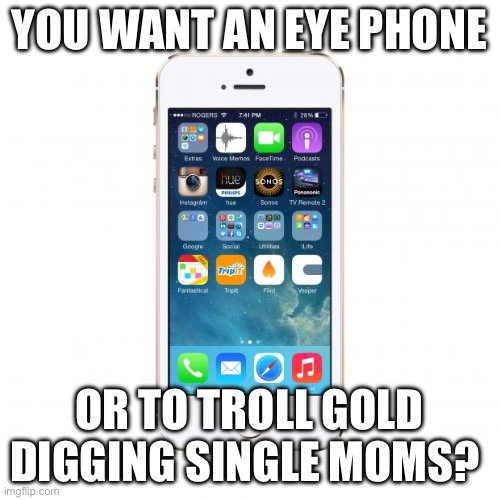 iPhone | YOU WANT AN EYE PHONE; OR TO TROLL GOLD DIGGING SINGLE MOMS? | image tagged in iphone | made w/ Imgflip meme maker