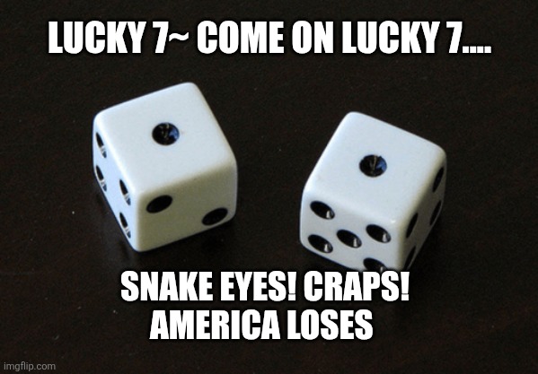 Snake eyes | LUCKY 7~ COME ON LUCKY 7.... SNAKE EYES! CRAPS!
AMERICA LOSES | image tagged in snake eyes | made w/ Imgflip meme maker