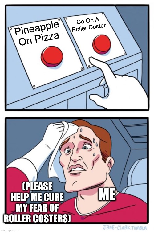 Roller Pizza | Go On A Roller Coster; Pineapple On Pizza; (PLEASE HELP ME CURE MY FEAR OF ROLLER COSTERS); ME | image tagged in memes,two buttons,pineapple pizza,rollercoaster,help me,oh wow are you actually reading these tags | made w/ Imgflip meme maker