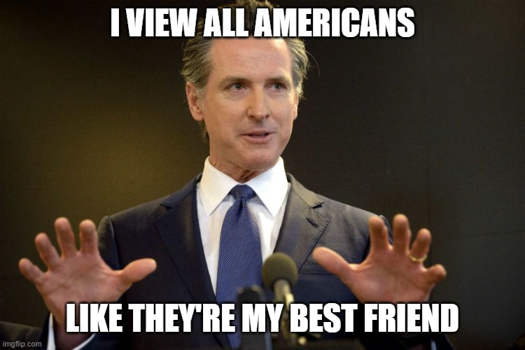 Gov. Gavin Newsom | I VIEW ALL AMERICANS LIKE THEY'RE MY BEST FRIEND | image tagged in gov gavin newsom | made w/ Imgflip meme maker