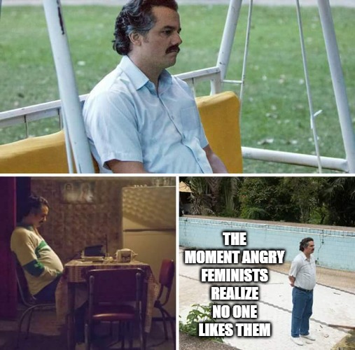 And when they hit their 40's and they're all alone, they start to realize that their cats really aren't all that into them. | THE MOMENT ANGRY FEMINISTS REALIZE NO ONE LIKES THEM | image tagged in memes,sad pablo escobar,feminism,angry feminist | made w/ Imgflip meme maker