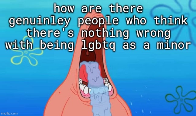 forgot to change the font </3 | how are there genuinley people who think there's nothing wrong with being lgbtq as a minor | image tagged in patrick drooling meme | made w/ Imgflip meme maker