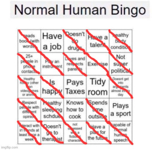 I'm a normal human being ig | image tagged in normal human bingo | made w/ Imgflip meme maker