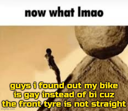 joke after the what happened | guys i found out my bike is gay instead of bi cuz the front tyre is not straight | image tagged in now what lmao | made w/ Imgflip meme maker
