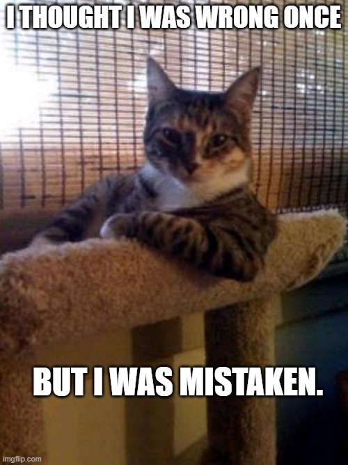 The Most Interesting Cat In The World Meme | I THOUGHT I WAS WRONG ONCE BUT I WAS MISTAKEN. | image tagged in memes,the most interesting cat in the world | made w/ Imgflip meme maker