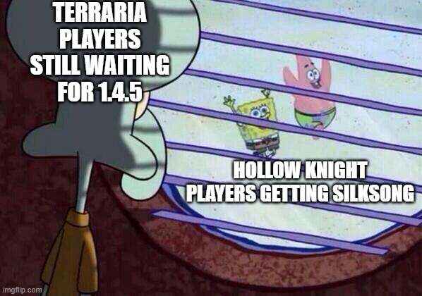 Squidward window | TERRARIA PLAYERS STILL WAITING FOR 1.4.5; HOLLOW KNIGHT PLAYERS GETTING SILKSONG | image tagged in squidward window | made w/ Imgflip meme maker