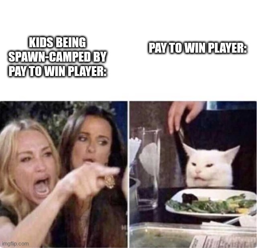Real housewives screaming cat | PAY TO WIN PLAYER:; KIDS BEING SPAWN-CAMPED BY PAY TO WIN PLAYER: | image tagged in real housewives screaming cat | made w/ Imgflip meme maker