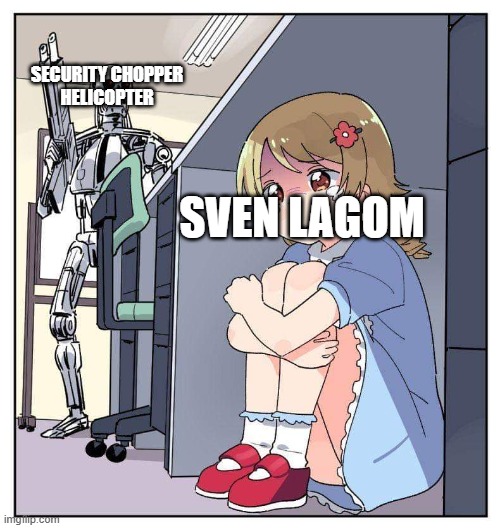 teardown hiding meme | SECURITY CHOPPER
HELICOPTER; SVEN LAGOM | image tagged in anime girl hiding from terminator meme,teardown | made w/ Imgflip meme maker