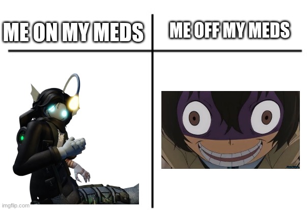 ADHD core | ME ON MY MEDS; ME OFF MY MEDS | image tagged in anime,bsd,pressure,funny,memes,why are you reading the tags | made w/ Imgflip meme maker