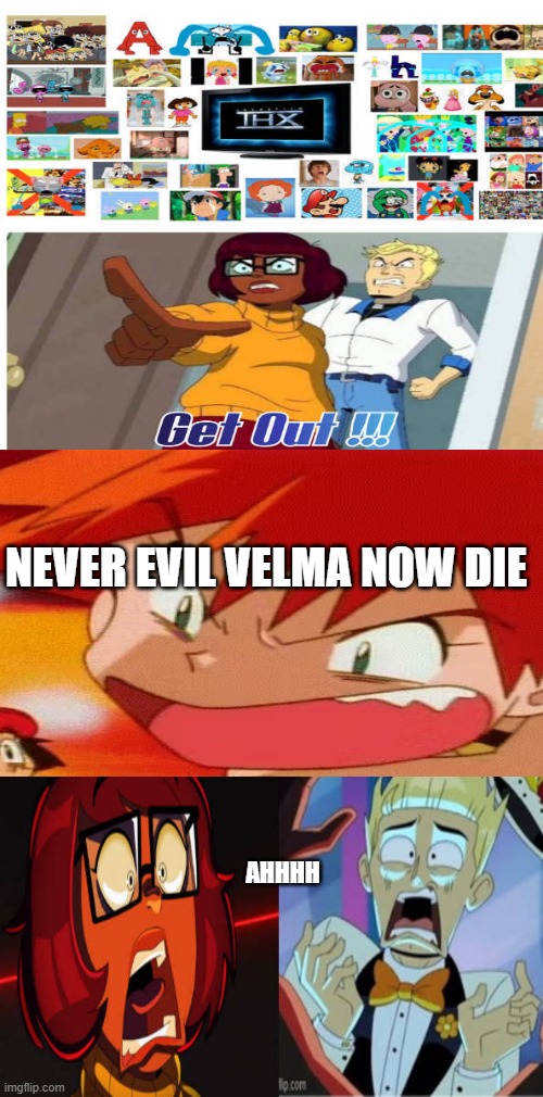 misty saves cartoons from velma | NEVER EVIL VELMA NOW DIE; AHHHH | image tagged in who saves cartoons from velma,crossover memes,pokemon,misty,imposter,videogames | made w/ Imgflip meme maker