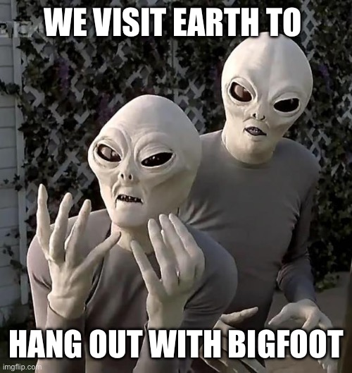 This makes more sense than many other theories. | WE VISIT EARTH TO; HANG OUT WITH BIGFOOT | image tagged in aliens,bigfoot | made w/ Imgflip meme maker