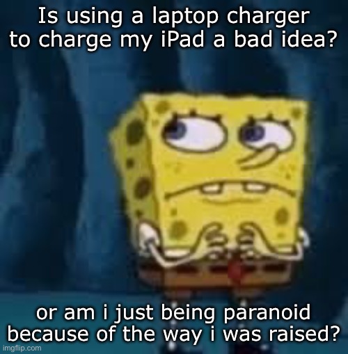 Nervous SpongeBob | Is using a laptop charger to charge my iPad a bad idea? or am i just being paranoid because of the way i was raised? | image tagged in nervous spongebob | made w/ Imgflip meme maker