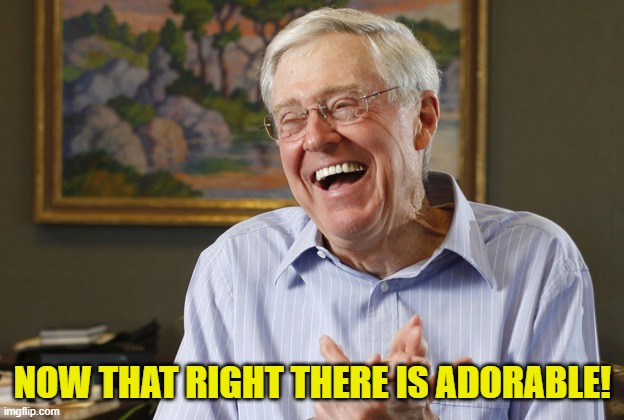 Laughing Charles Koch | NOW THAT RIGHT THERE IS ADORABLE! | image tagged in laughing charles koch | made w/ Imgflip meme maker