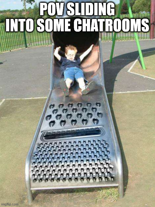 Cheese Grater Slide | POV SLIDING INTO SOME CHATROOMS | image tagged in cheese grater slide | made w/ Imgflip meme maker