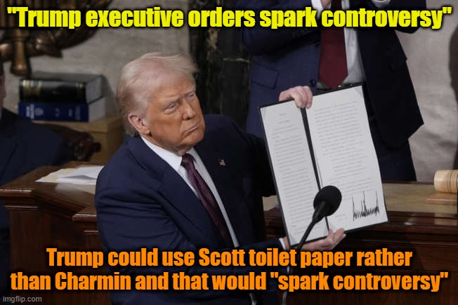 Controversy, controversy, everything's a controversy | "Trump executive orders spark controversy"; Trump could use Scott toilet paper rather than Charmin and that would "spark controversy" | image tagged in trump,executive orders,liberals,leftists,fake news | made w/ Imgflip meme maker