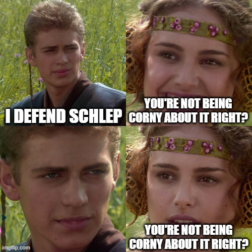 Anakin Padme 4 Panel | I DEFEND SCHLEP; YOU'RE NOT BEING CORNY ABOUT IT RIGHT? YOU'RE NOT BEING CORNY ABOUT IT RIGHT? | image tagged in anakin padme 4 panel | made w/ Imgflip meme maker