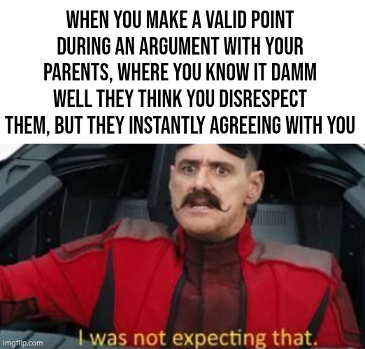 Woah, what!? | When you make a valid point during an argument with your parents, where you know it damm well they think you disrespect them, but they instantly agreeing with you | image tagged in i was not expecting that,argument,parents | made w/ Imgflip meme maker