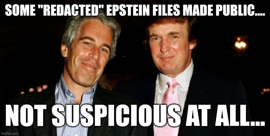 A little sus | SOME "REDACTED" EPSTEIN FILES MADE PUBLIC.... NOT SUSPICIOUS AT ALL... | image tagged in trump epstein,trump,donald trump,jeffrey epstein,epstein,maga | made w/ Imgflip meme maker