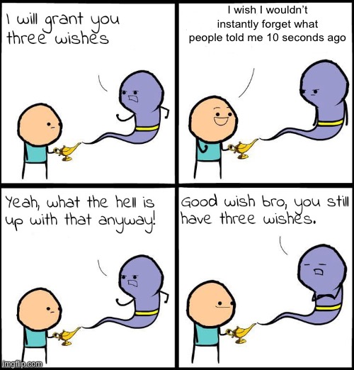 3 Wishes | I wish I wouldn’t instantly forget what people told me 10 seconds ago | image tagged in 3 wishes | made w/ Imgflip meme maker
