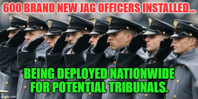 Military Salute | 600 BRAND NEW JAG OFFICERS INSTALLED... BEING DEPLOYED NATIONWIDE FOR POTENTIAL TRIBUNALS. | image tagged in military salute | made w/ Imgflip meme maker