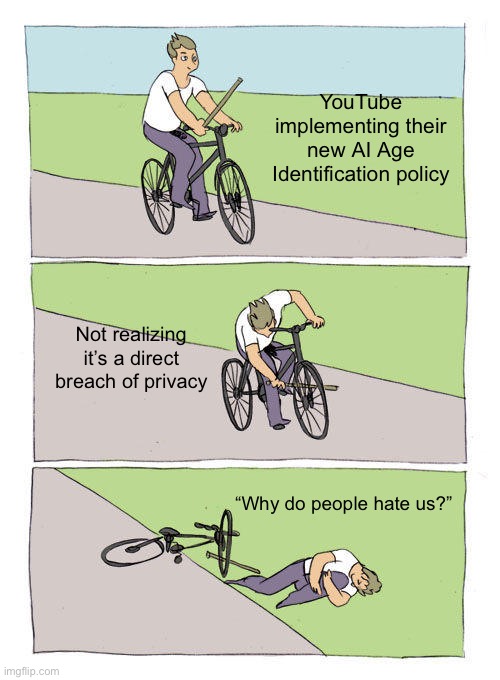 Who Thought This Was a Good Idea.. | YouTube Memes #02 | YouTube implementing their new AI Age Identification policy; Not realizing it’s a direct breach of privacy; “Why do people hate us?” | image tagged in memes,bike fall | made w/ Imgflip meme maker