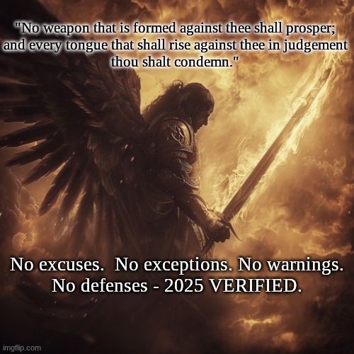 Every individual, organization, agency, department, army and "Government":Final Notice, SERVED. | "No weapon that is formed against thee shall prosper;
and every tongue that shall rise against thee in judgement
thou shalt condemn."; No excuses.  No exceptions. No warnings.
No defenses - 2025 VERIFIED. | image tagged in prince | made w/ Imgflip meme maker