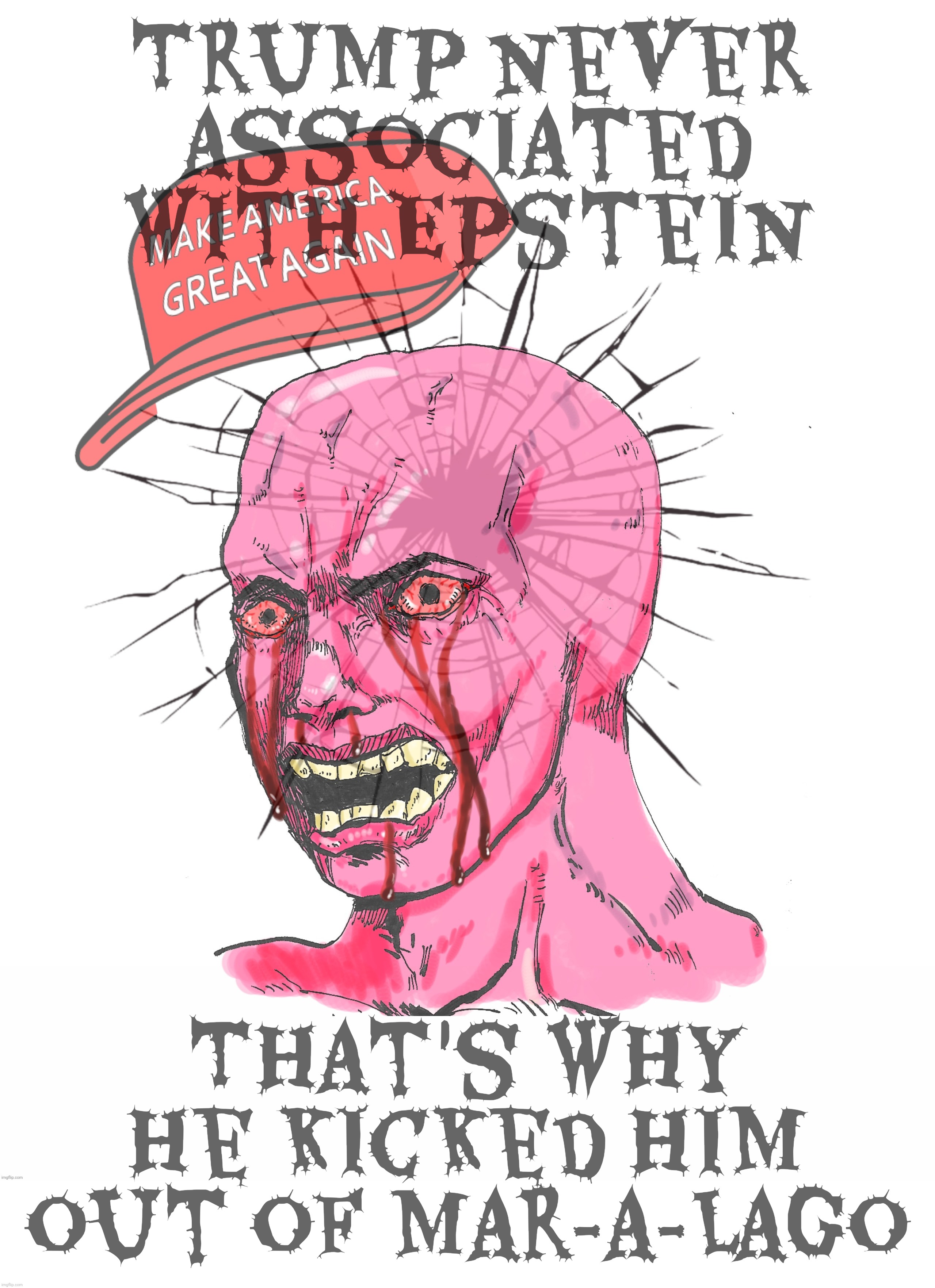 Besties? Friends? Associates? Trump said he hardly knew Epstein | Trump never
associated with Epstein; That's why he kicked him out of Mar-a-Lago | image tagged in pink wojak,wojak,pink magat wojak,trump epstein,they hardly knew each other,except at mar-a-lago | made w/ Imgflip meme maker