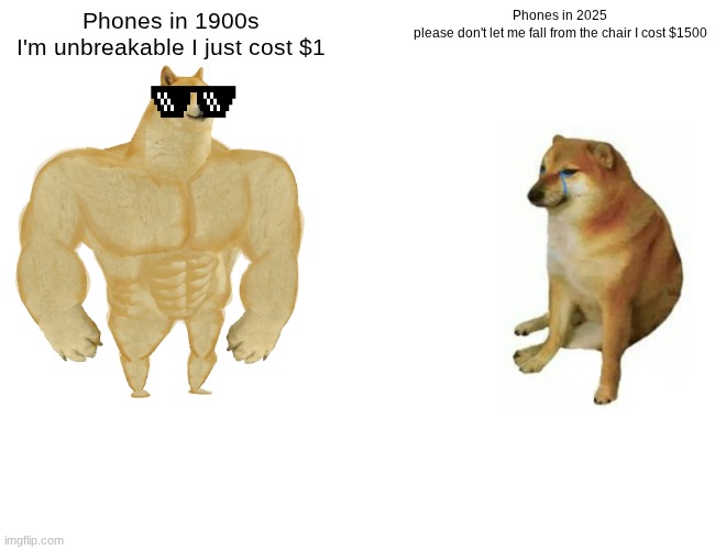 Buff Doge vs. Cheems | Phones in 1900s
I'm unbreakable I just cost $1; Phones in 2025
please don't let me fall from the chair I cost $1500 | image tagged in memes,buff doge vs cheems | made w/ Imgflip meme maker