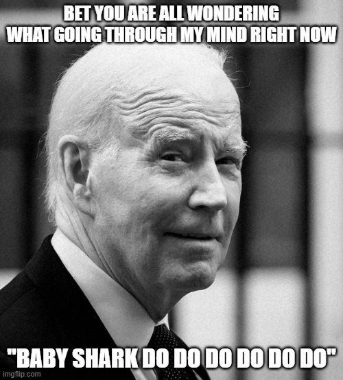 Biden's Mind | BET YOU ARE ALL WONDERING WHAT GOING THROUGH MY MIND RIGHT NOW; "BABY SHARK DO DO DO DO DO DO" | image tagged in politics | made w/ Imgflip meme maker