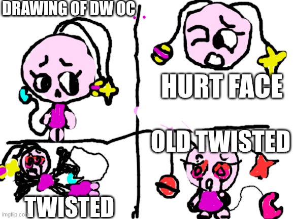 Blank White Template | DRAWING OF DW OC; HURT FACE; OLD TWISTED; TWISTED | image tagged in blank white template | made w/ Imgflip meme maker