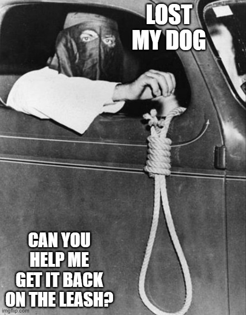 Lost Dog | LOST MY DOG; CAN YOU HELP ME GET IT BACK ON THE LEASH? | image tagged in dark humor | made w/ Imgflip meme maker