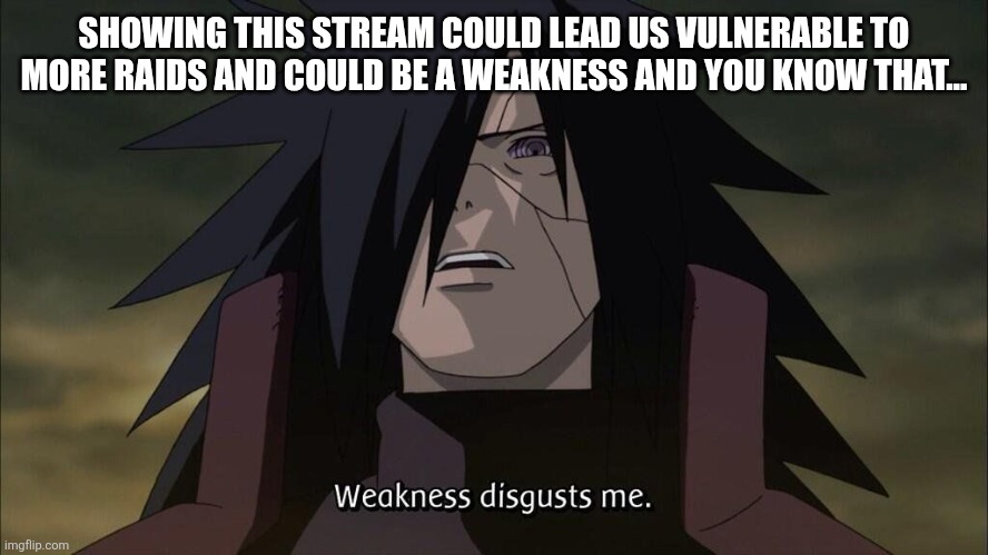 Weakness disgusts me | SHOWING THIS STREAM COULD LEAD US VULNERABLE TO MORE RAIDS AND COULD BE A WEAKNESS AND YOU KNOW THAT... | image tagged in weakness disgusts me | made w/ Imgflip meme maker