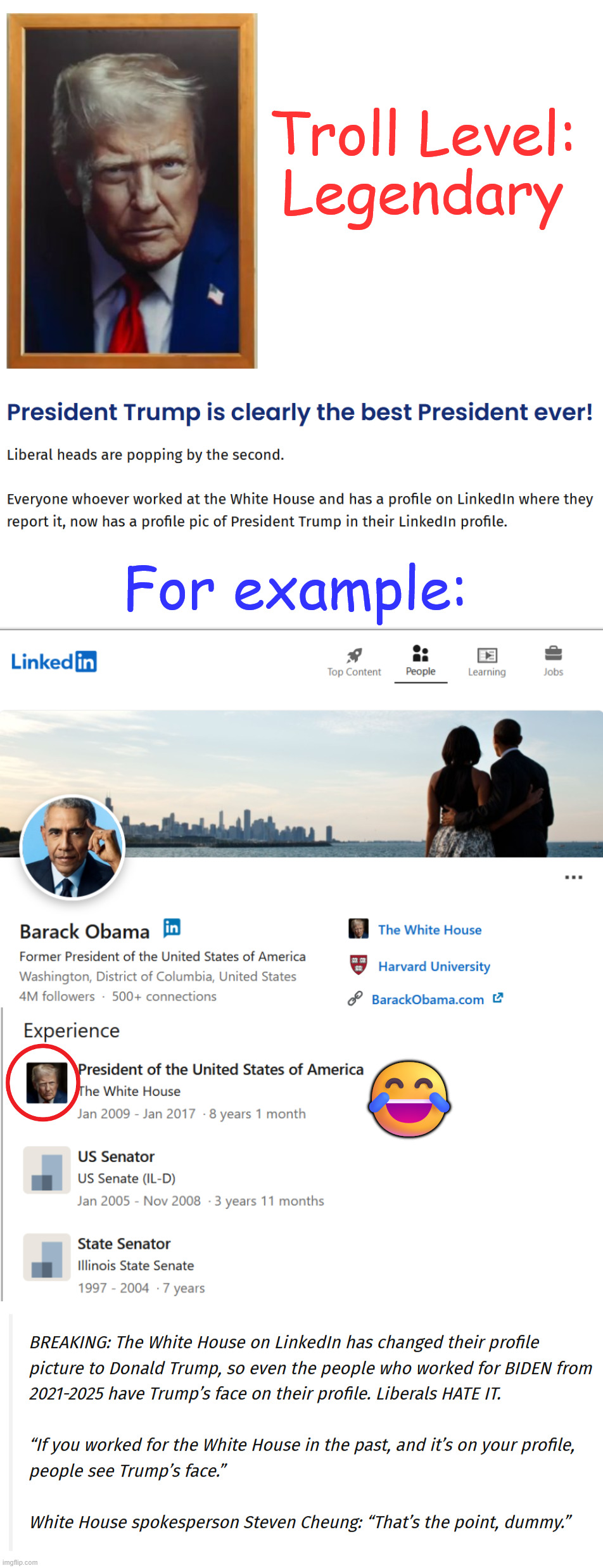 LIBERAL HEADS EXPLODE! | Troll Level: Legendary; For example:; 😂 | image tagged in president trump,triggers libs again | made w/ Imgflip meme maker
