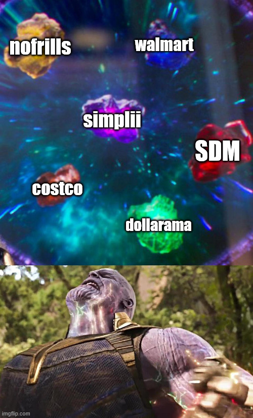 Every Canadian Frugalist | nofrills; walmart; simplii; SDM; costco; dollarama | image tagged in thanos infinity stones | made w/ Imgflip meme maker