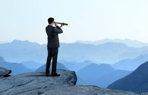 man looking through monocular on cliff Blank Meme Template