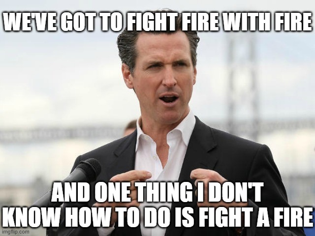 gavin newsome | WE'VE GOT TO FIGHT FIRE WITH FIRE; AND ONE THING I DON'T KNOW HOW TO DO IS FIGHT A FIRE | image tagged in gavin newsome | made w/ Imgflip meme maker