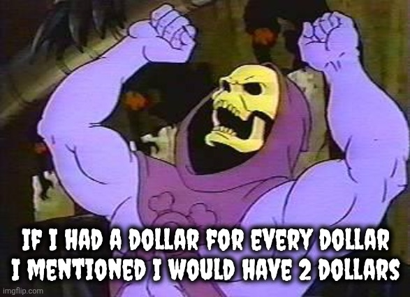 You Fool Skeletor | If I had a dollar for every dollar
I mentioned I would have 2 dollars | image tagged in you fool skeletor | made w/ Imgflip meme maker