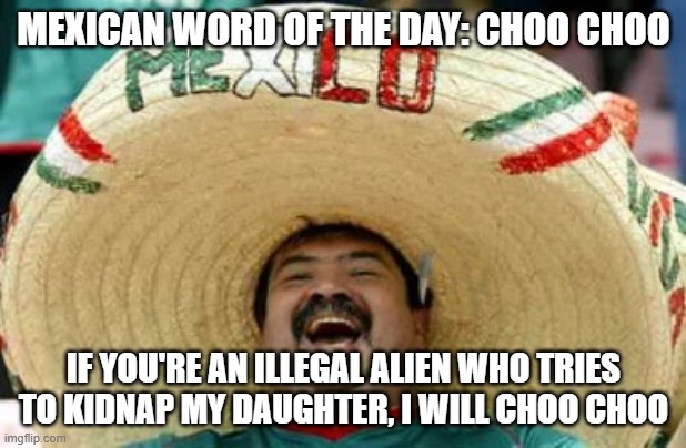mexican word of the day | MEXICAN WORD OF THE DAY: CHOO CHOO; IF YOU'RE AN ILLEGAL ALIEN WHO TRIES TO KIDNAP MY DAUGHTER, I WILL CHOO CHOO | image tagged in mexican word of the day,memes,funny,funny memes,lol,lol so funny | made w/ Imgflip meme maker
