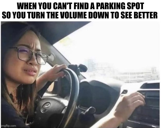 When You Can't Find A Parking Spot So You Turn The Volume Down To See Better | WHEN YOU CAN'T FIND A PARKING SPOT SO YOU TURN THE VOLUME DOWN TO SEE BETTER | image tagged in chrisjoines1 | made w/ Imgflip meme maker