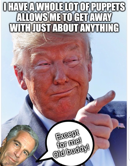 Trump pointing | I HAVE A WHOLE LOT OF PUPPETS 
ALLOWS ME TO GET AWAY 
WITH JUST ABOUT ANYTHING Except for me!
Old buddy! | image tagged in trump pointing | made w/ Imgflip meme maker