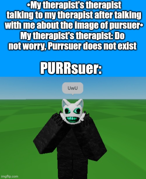 Guess who will need a therapy now. | •My therapist's therapist talking to my therapist after talking with me about the image of pursuer•; My therapist's therapist: Do not worry, Purrsuer does not exist; PURRsuer: | image tagged in purrsuer,die of death,pursuer,dod | made w/ Imgflip meme maker