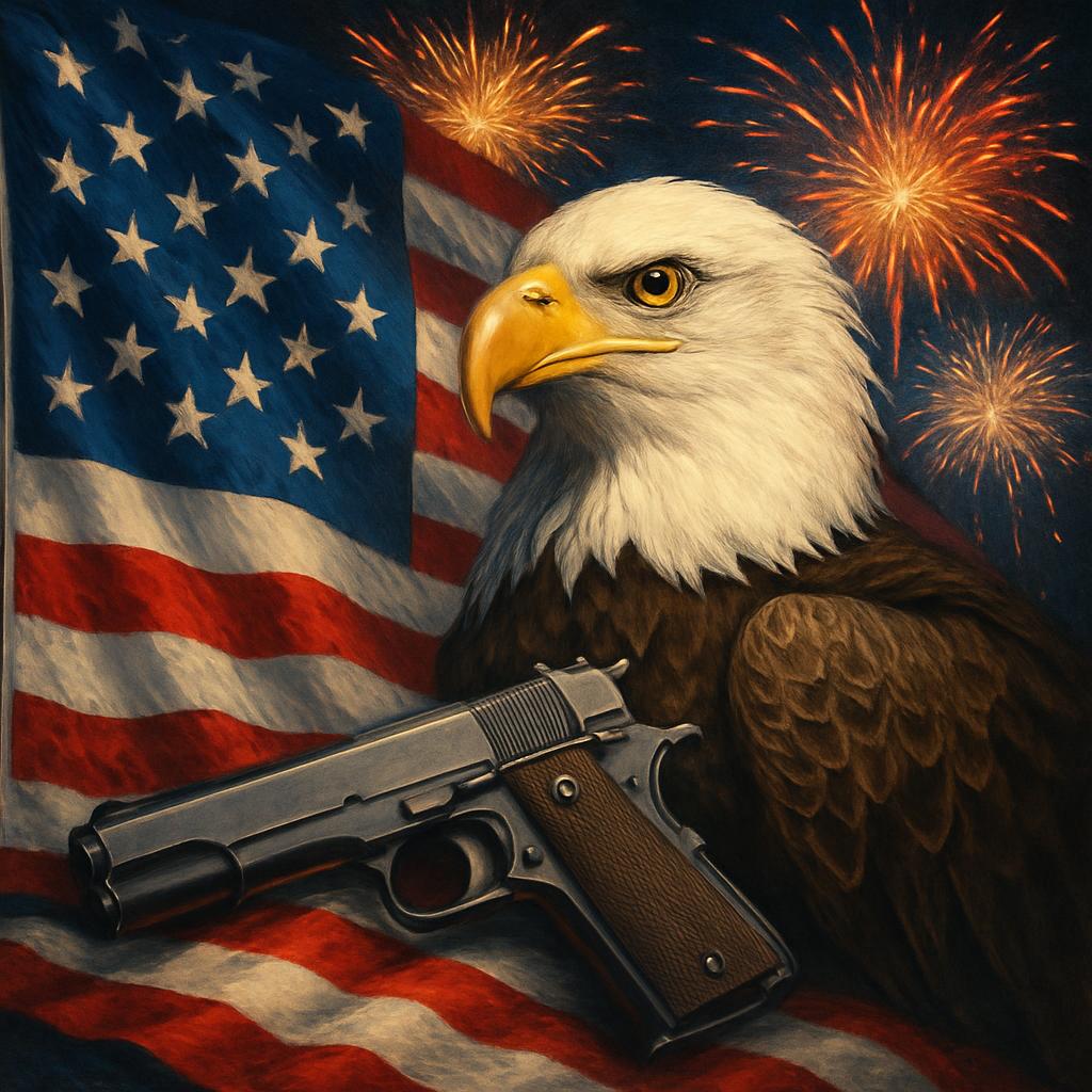 American flag with eagle and fireworks and gun Blank Meme Template