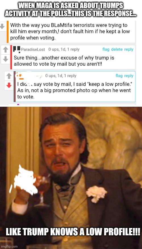 Low profile..yeah thats the ticket. | WHEN MAGA IS ASKED ABOUT TRUMPS ACTIVITY AT THE POLLS...THIS IS THE RESPONSE... LIKE TRUMP KNOWS A LOW PROFILE!!! | image tagged in memes,laughing leo | made w/ Imgflip meme maker