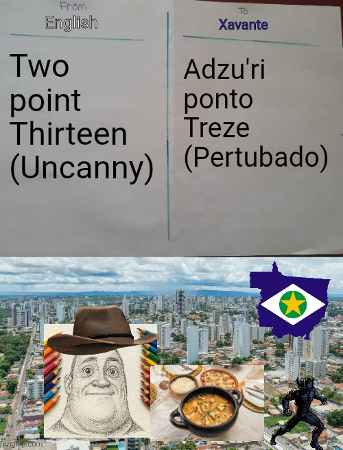 Mr Incredibe in different languages: Part 1BA | English; Xavante; Two point Thirteen (Uncanny); Adzu'ri ponto Treze (Pertubado) | image tagged in imgflip translator,cuiab,english to xavante,xavante | made w/ Imgflip meme maker