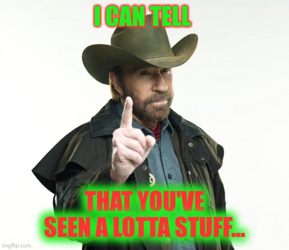 Chuck Norris Finger Meme | I CAN TELL THAT YOU'VE SEEN A LOTTA STUFF... | image tagged in memes,chuck norris finger,chuck norris | made w/ Imgflip meme maker