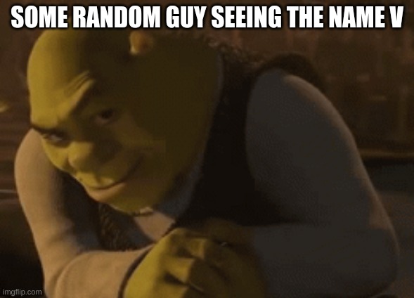 shrek rizz 2 | SOME RANDOM GUY SEEING THE NAME V | image tagged in shrek rizz 2 | made w/ Imgflip meme maker