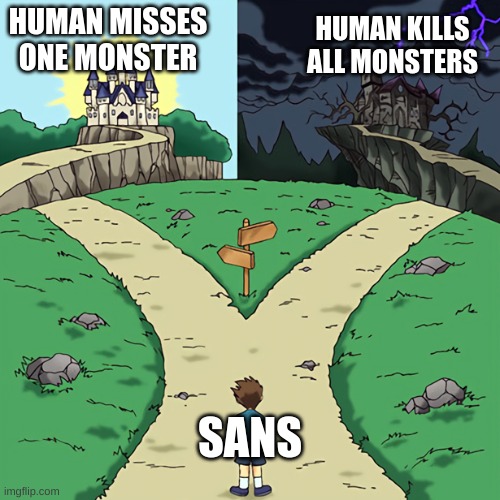 two castles | HUMAN MISSES ONE MONSTER; HUMAN KILLS ALL MONSTERS; SANS | image tagged in two castles | made w/ Imgflip meme maker