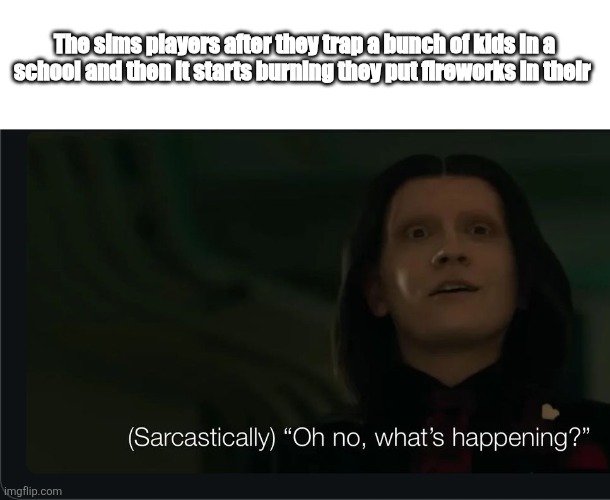 Who knew | The sims players after they trap a bunch of kids in a school and then it starts burning they put fireworks in their | image tagged in the sims,gaming | made w/ Imgflip meme maker