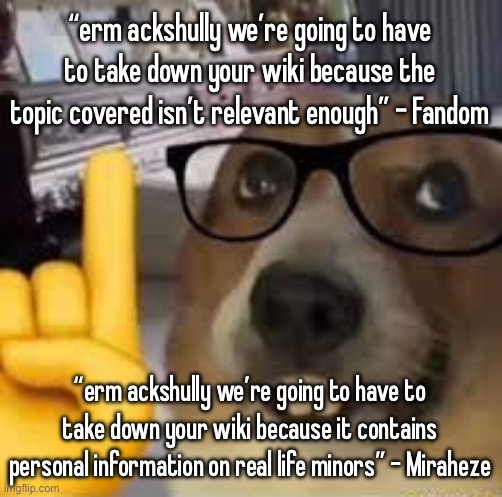 nerd dog | “erm ackshully we’re going to have to take down your wiki because the topic covered isn’t relevant enough” - Fandom; “erm ackshully we’re going to have to take down your wiki because it contains personal information on real life minors” - Miraheze | image tagged in nerd dog | made w/ Imgflip meme maker
