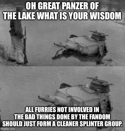 Advice for furries not involved in the shady business. | OH GREAT PANZER OF THE LAKE WHAT IS YOUR WISDOM; ALL FURRIES NOT INVOLVED IN THE BAD THINGS DONE BY THE FANDOM SHOULD JUST FORM A CLEANER SPLINTER GROUP. | image tagged in panzer of the lake | made w/ Imgflip meme maker